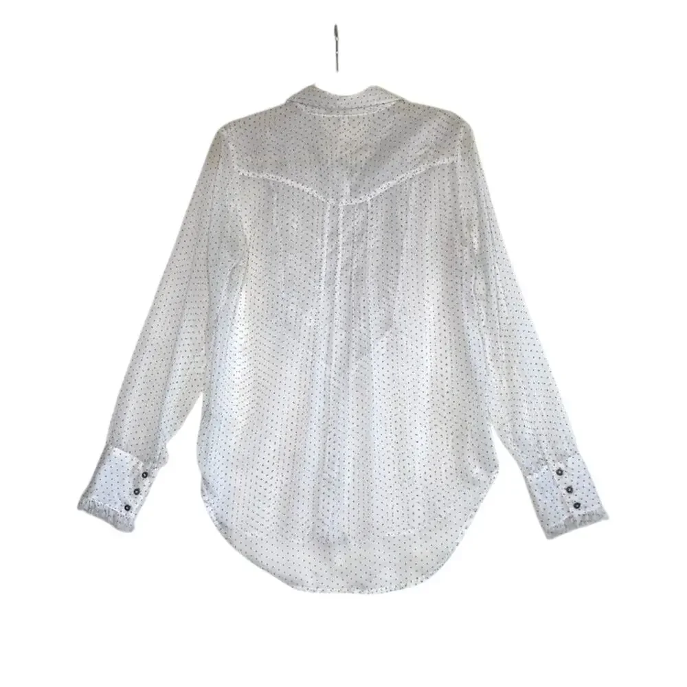 FREE PEOPLE Polka Dot Chiffon Sheer Tux Top Sz M White/Black Boho Retro Coastal